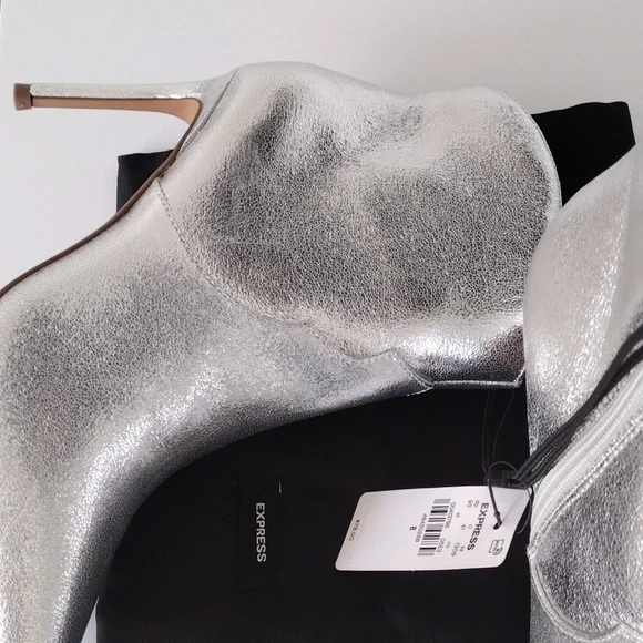 Express Pointed Toe Thin Heeled Booties. Metallic Silver. Size 8 - Picture 15 of 16